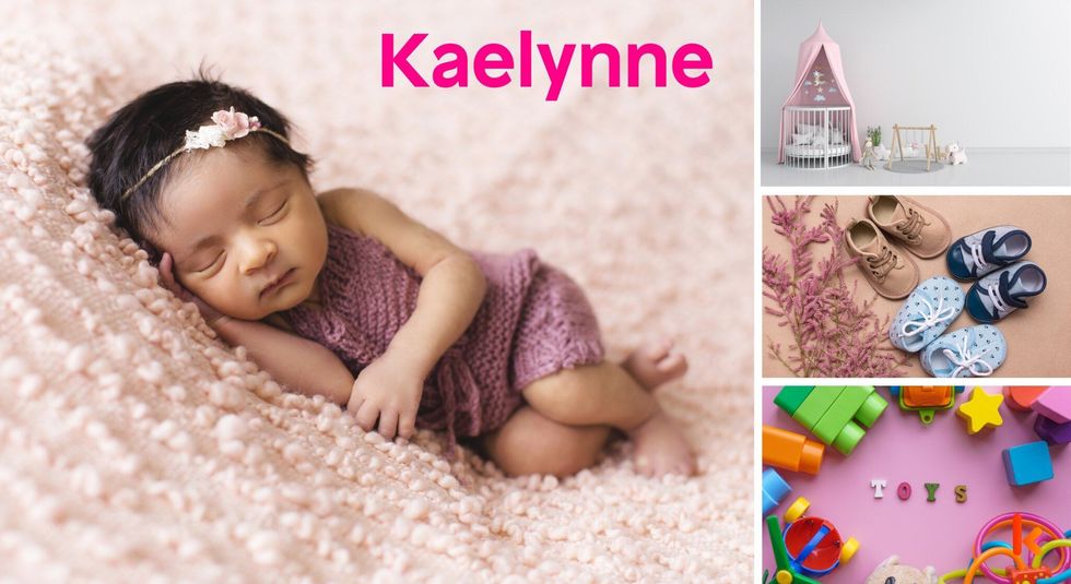 Baby Name Kaelynne - cute baby, flowers, shoes, cradle and toys.