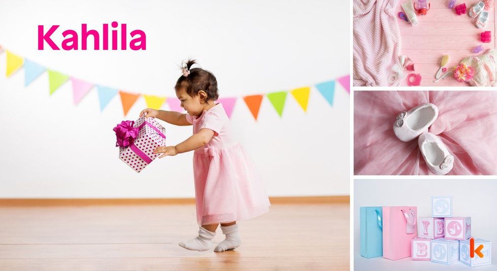 Baby Name Kahlila - cute baby, flowers, shoes and toys.