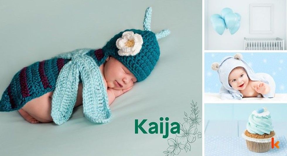 Baby Name Kaija - cute baby, blue dragonfly costume, cupcake & balloons
