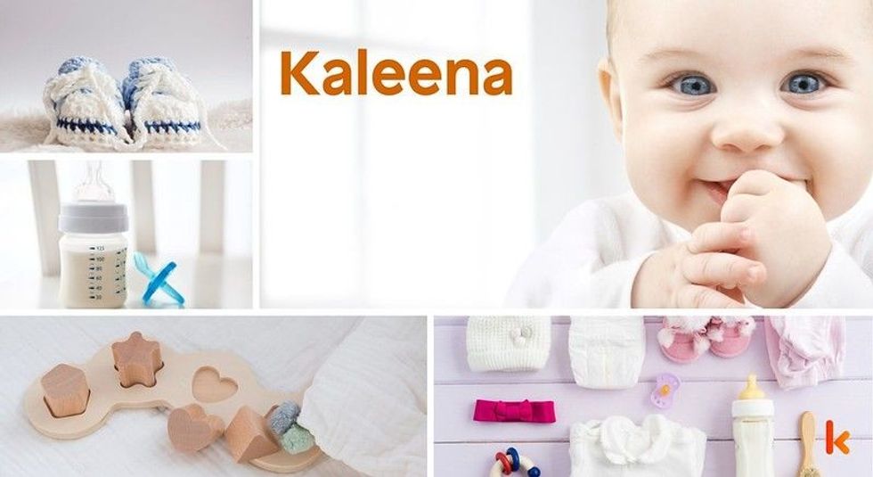 Baby name Kaleena - cute baby, flowers, shoes and toys.