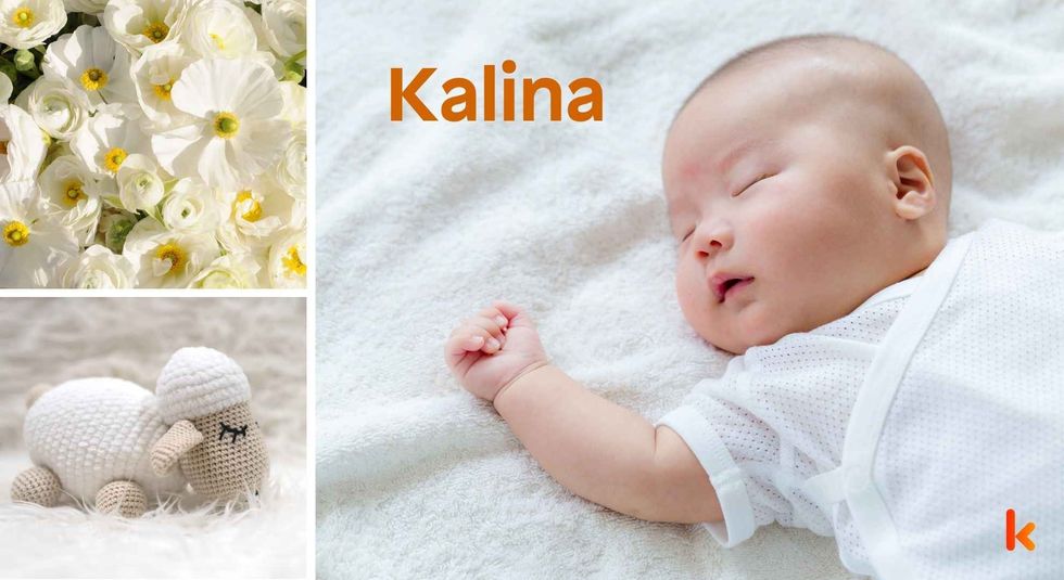 Baby name Kalina - cute baby, flowers and crochet toys