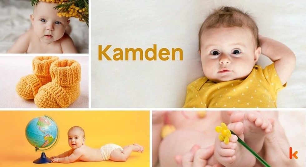 Baby Name Kamden - cute baby, globe, yellow booties & flower