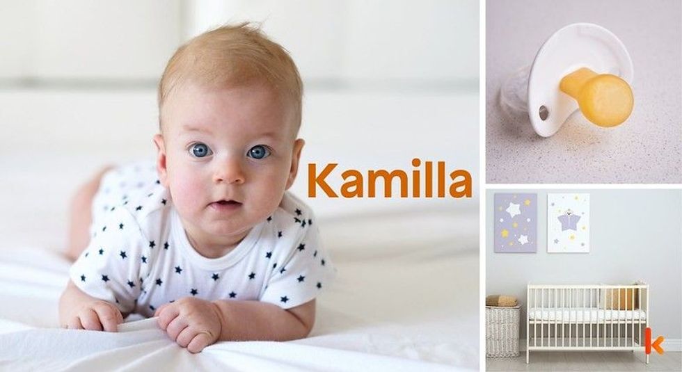 Baby name Kamilla - cute baby, pacifier, crib