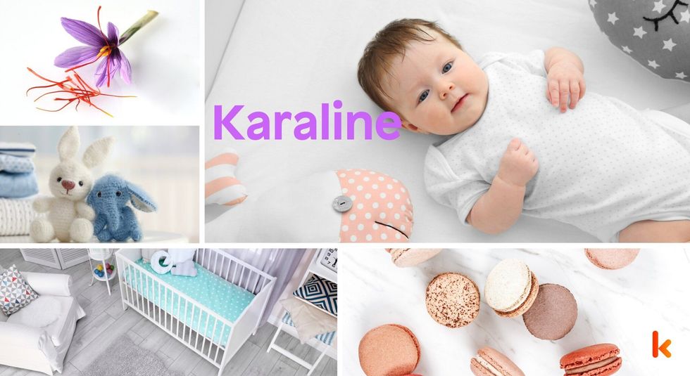 Baby Name Karaline - cute baby, flowers, shoes, macarons and toys.
