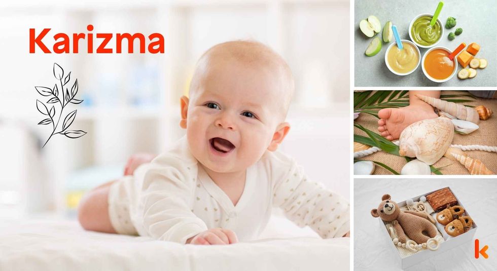 Baby name Karizma - happy baby, feet, seashells, food, toys