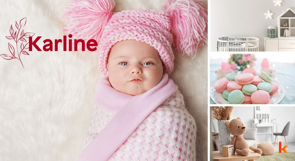 Baby name Karline - cute baby, baby crib, maracons & toys.
