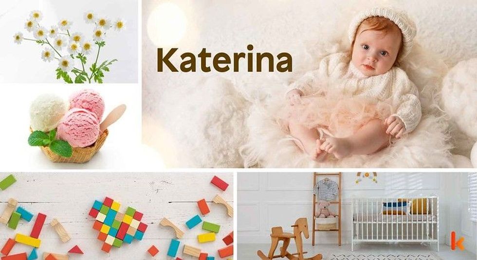 Baby name Katerina - Cute baby with knitted cap, flowers, cradle & ice cream.