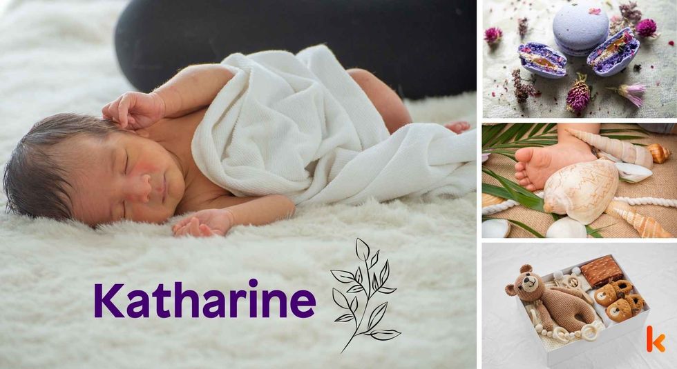 Baby name Katharine - sleeing baby, toy, feet, seashells, macarons