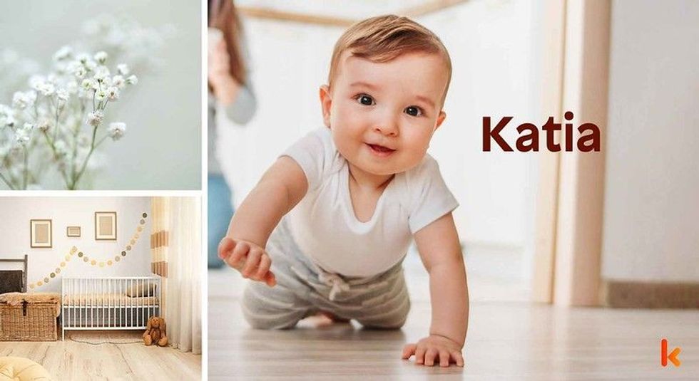 Baby name Katia - Cute baby crawling, baby room, toys & flowers.
