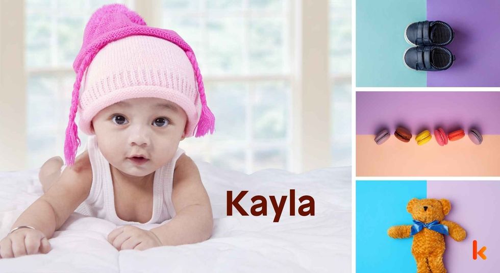 Baby Name Kayla - cute baby, flowers, shoes, macarons and toys.