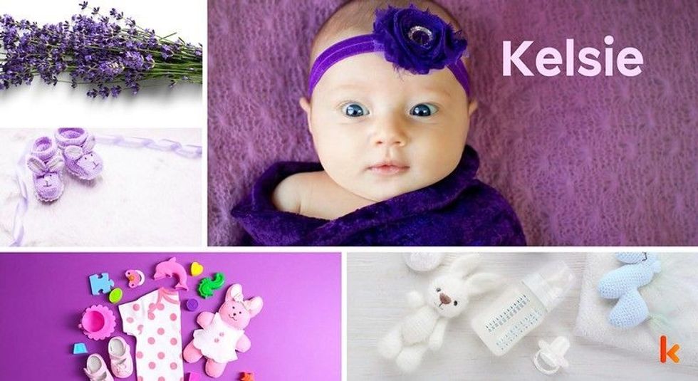 Baby Name Kelsie - cute baby, flowers, shoes, pacifier and toys.
