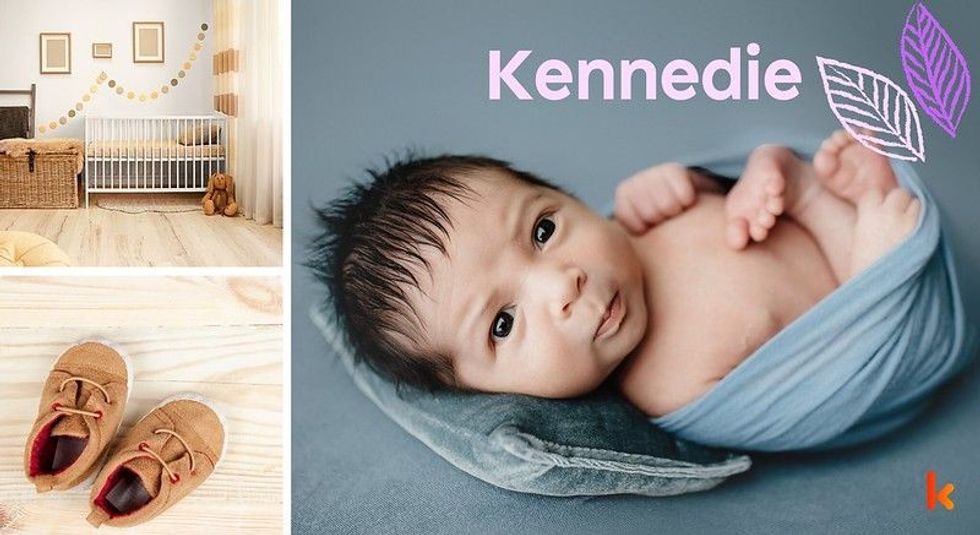 Baby Name Kennedie - cute baby, flowers, shoes, cradle and toy