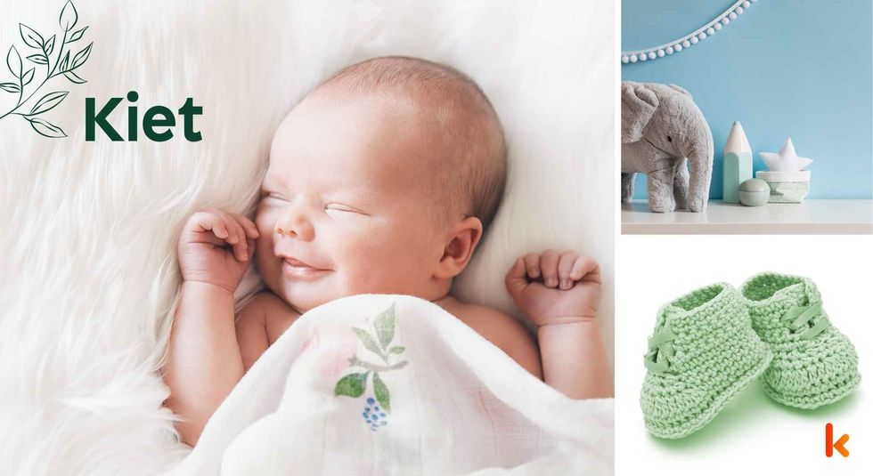 Baby name Kiet - Cute baby, smiling, knitted, booties & toys.