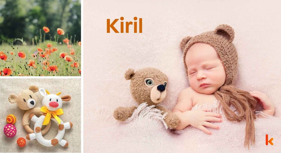 Baby name Kiril - cute baby, flowers and crochet toys