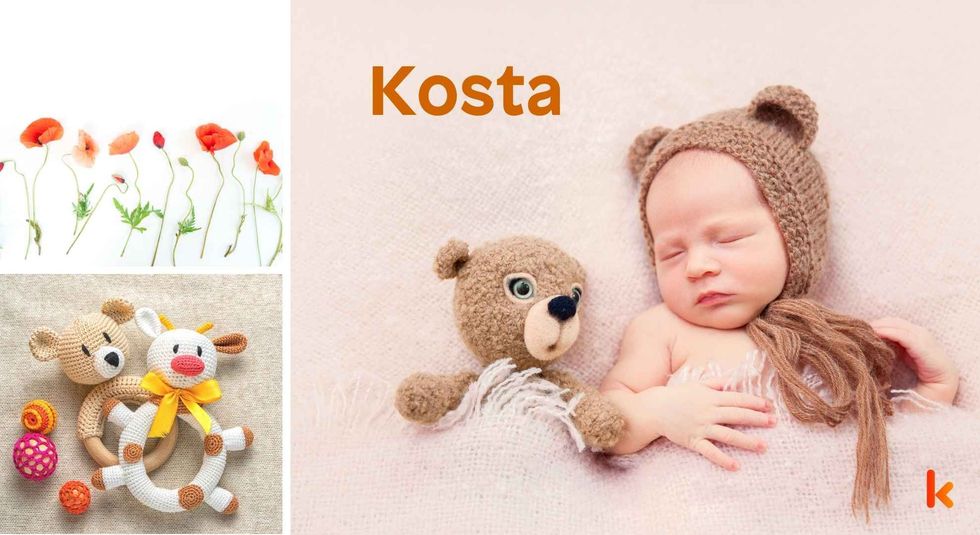 Baby name Kosta - cute baby, flowers and crochet toys