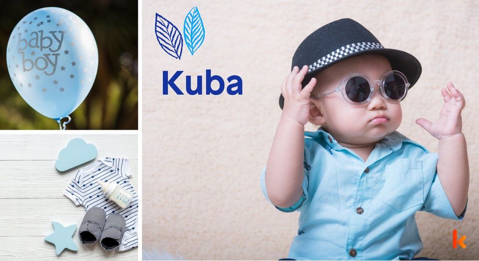 Baby name Kuba - cute baby, balloon, baby clothes, baby shoes, baby hat, baby sunglasses