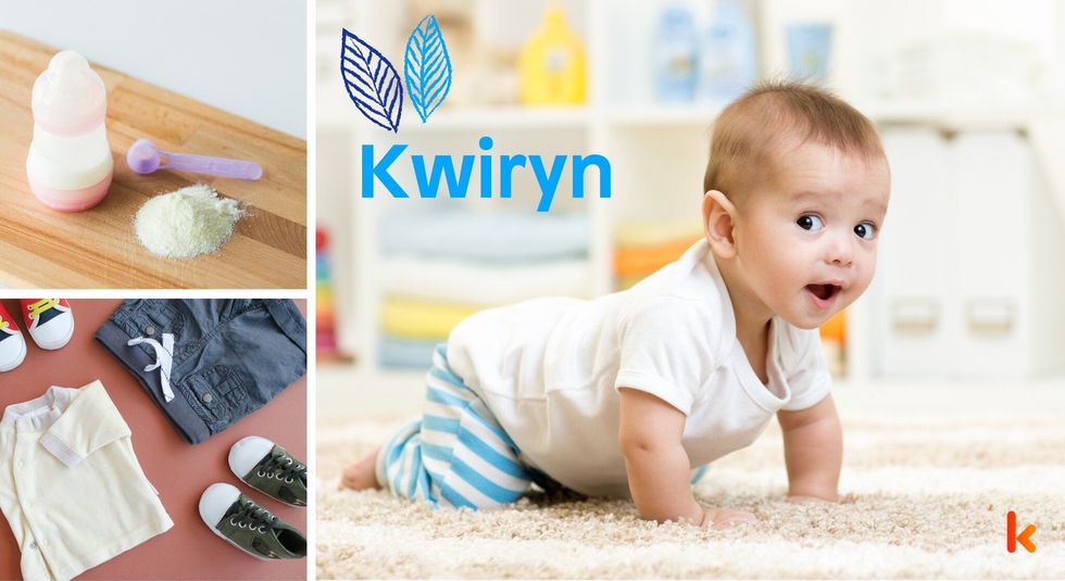 Baby name Kwiryn - cute baby, baby food, spoon, clothes, shoes, bottle