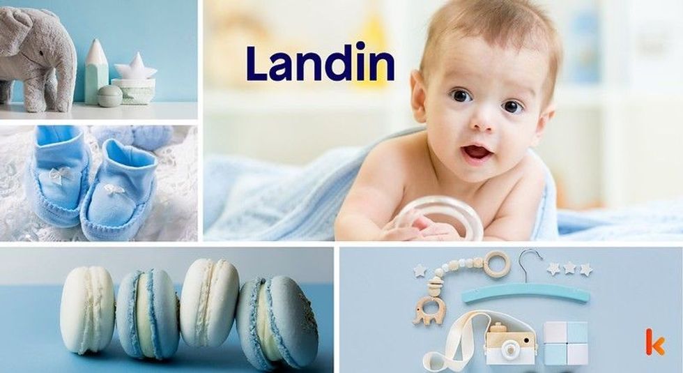 Baby Name Landin - cute baby, flowers, macrons, and toys.