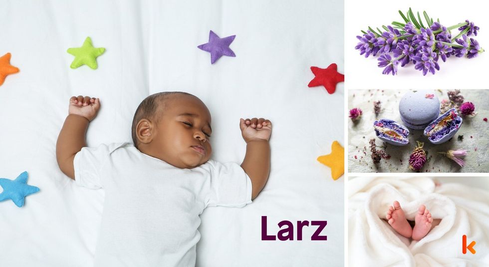 Baby name Larz - cute baby, baby feet, flower, macarons.