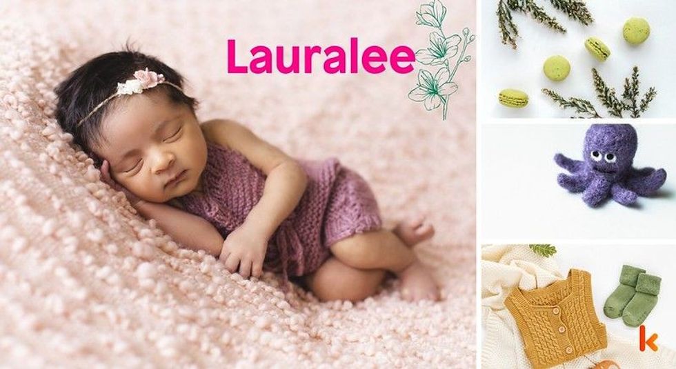 Baby Name Lauralee - cute baby, flowers, macrons, crib, shoes and toys.