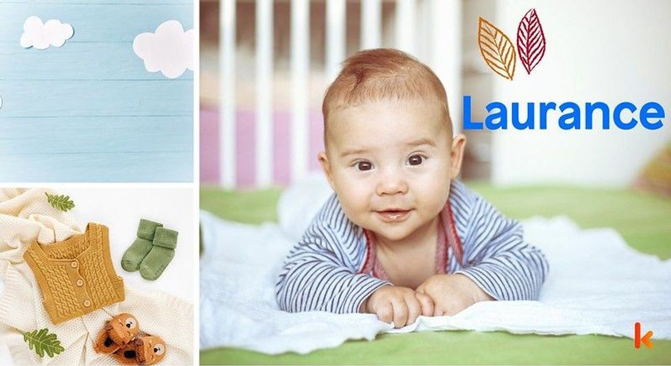 Baby Name Laurance - cute baby, flowers, macrons, crib, shoes and toys.