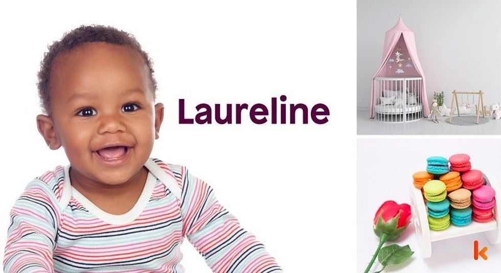 Baby name Laureline - cute baby, macarons, crib, flowers, toys