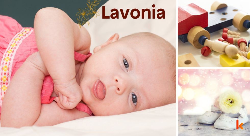 Baby Name Lavonia - cute baby, flowers, macrons, crib, shoes and toys.