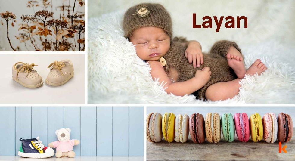 Baby Name Layan - cute baby, flowers, shoes, macarons and toys.