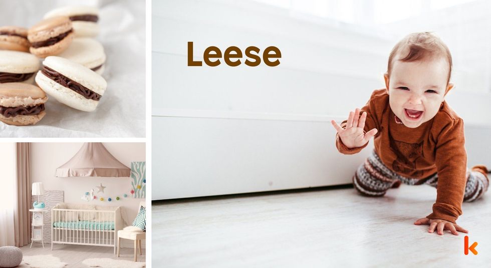 Baby Name Leese - cute baby, flowers, macrons, crib, shoes and toys.
