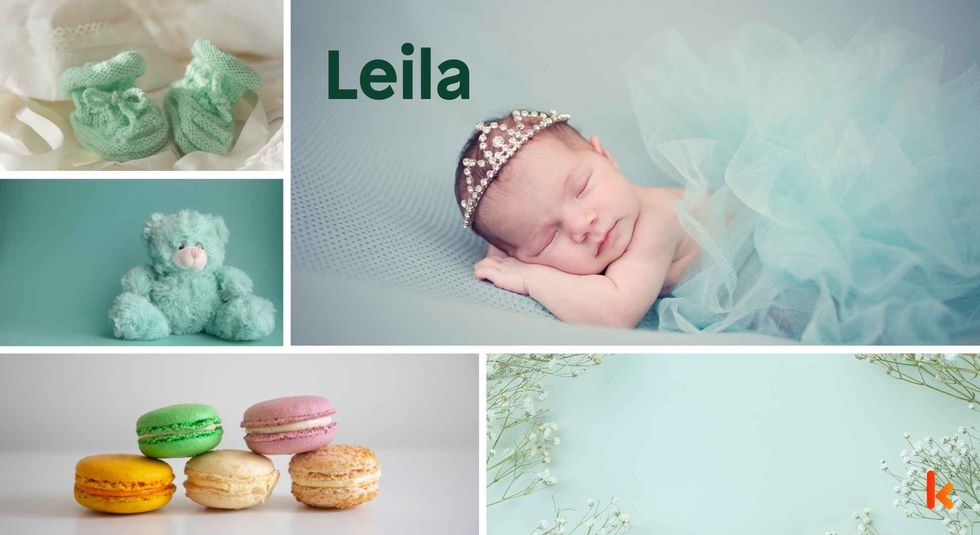 Baby Name Leila - cute baby, flowers, shoes, macarons and toys.