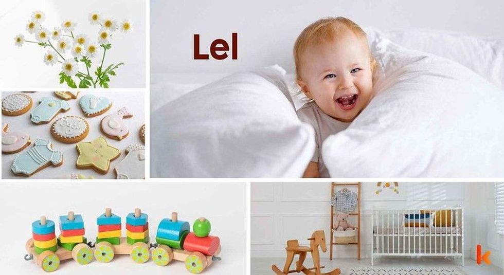 Baby name Lel - Cute baby, train toys, cookies, flowers & cradle.