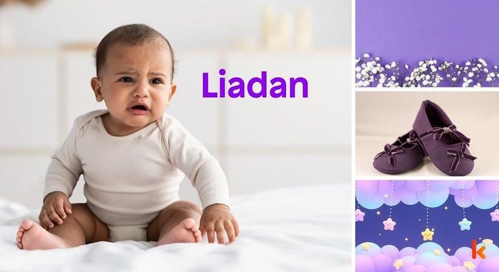 Baby Name Liadan - cute baby, flowers, shoes and toys.