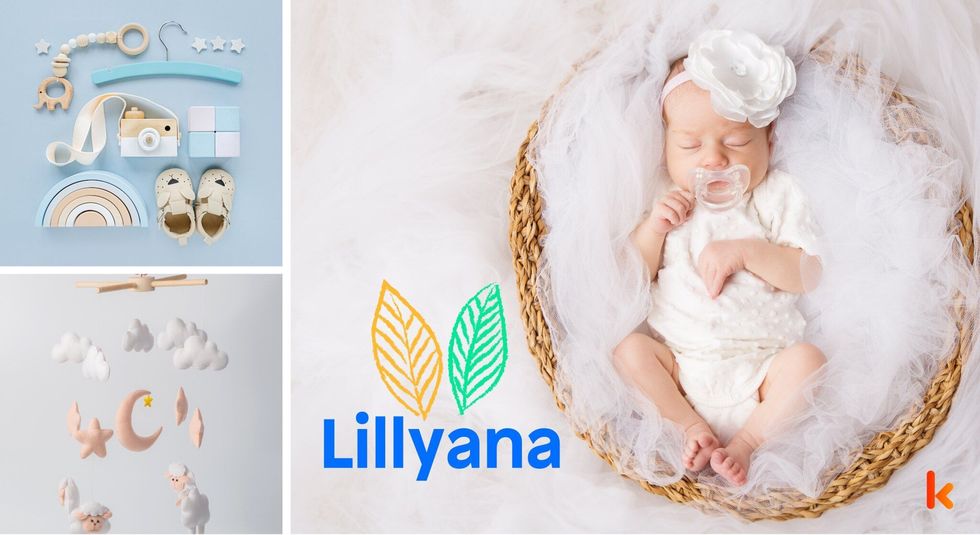 Baby name lillyana - toys & booties on blue background.