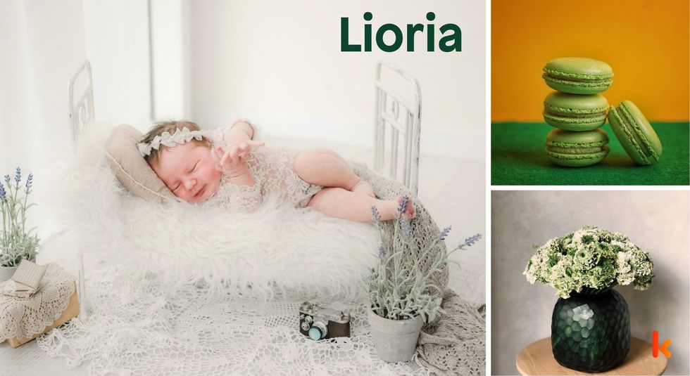 Baby name Lioria - cute baby, macarons, flowers
