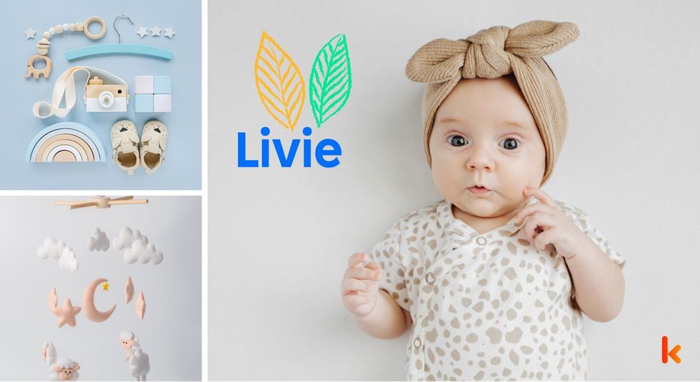 Baby name livie - toys & booties on blue background.