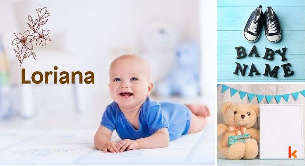 Baby Name Loriana - cute baby, flowers, shoes and toys.