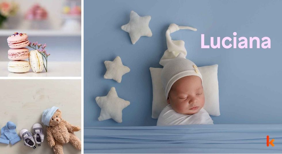 Baby Name Luciana - cute baby, flowers, shoes, macarons and toys.