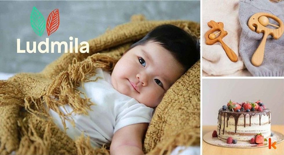 Baby name Ludmila - Cute baby, cake, rug cloth, toys.
