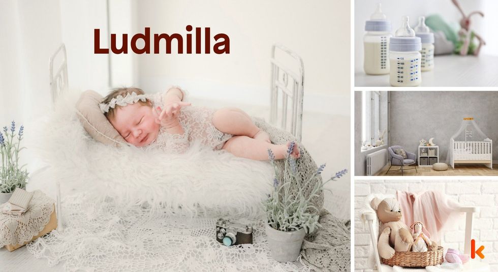 Baby Name Ludmilla- cute baby, crib, sipper, toys.