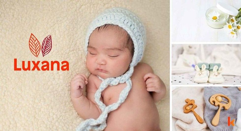 Baby name Luxana - Cute baby, toys, booties, flowers.