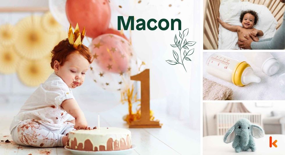 Baby name Macon - cute baby, baby crib, bottle & knitted toys