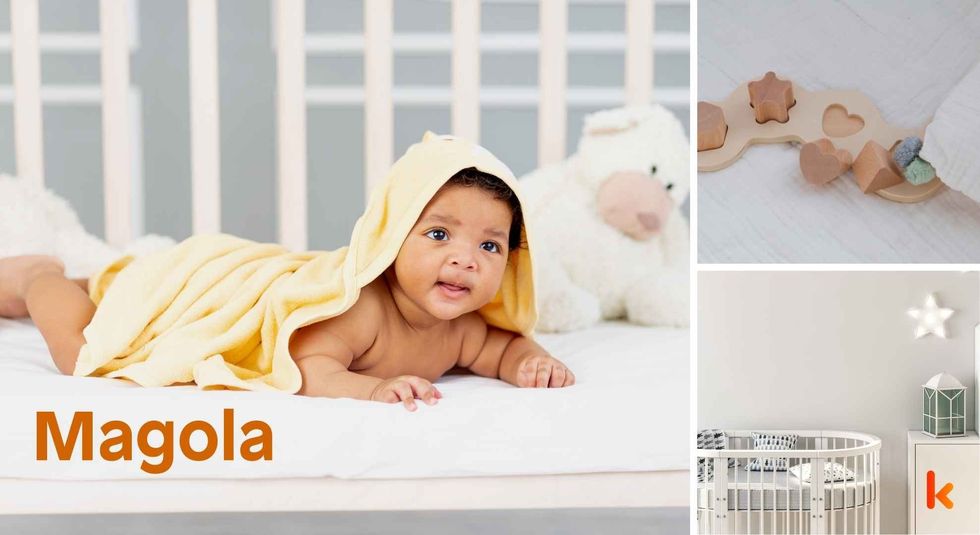 Baby name Magola - cute baby, crib, toys