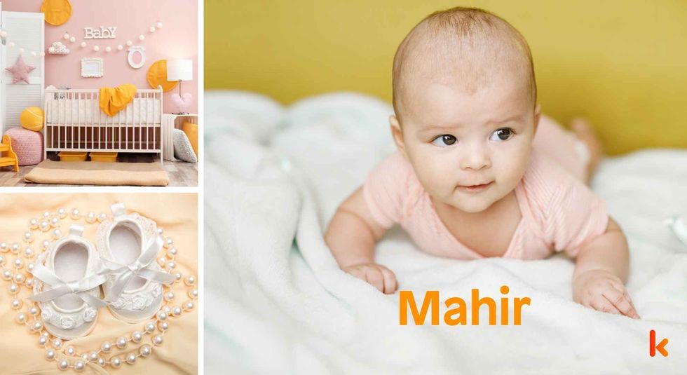 Baby Name Mahir - cute baby, shoes and cradle.