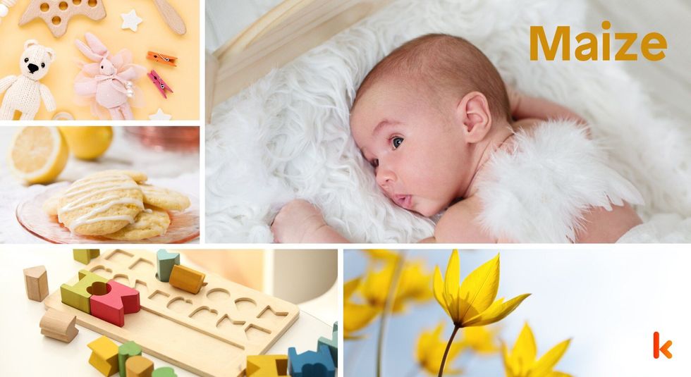 Baby name Maize - yellow flower, cookie & toys