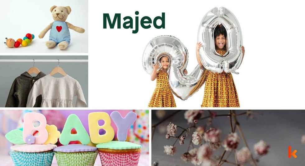 Baby name Majed - happy kids, toys, clothes, cupcake & flowers