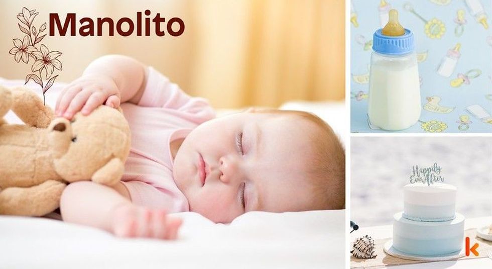 Baby name Manolito - cute baby, baby bottle & cake