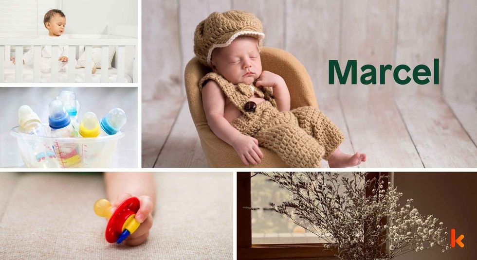 Baby name Marcel - cute baby, baby crib, bottle, pacifier & flowers