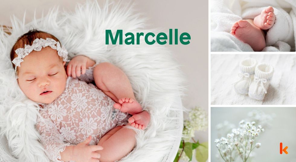 Baby Name Marcelle - cute sleeping baby, white fur basket, booties and flowers