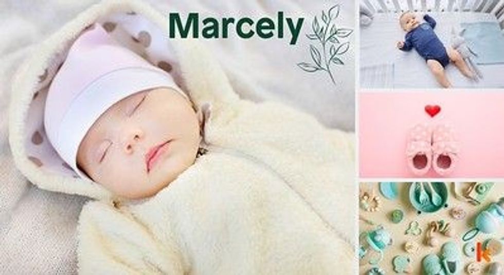 Baby name Marcely - cute baby, baby crib, booties & teether