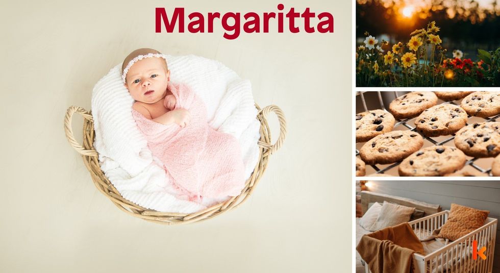 Baby name Margaritta - cute baby, flowers, cookies, crib